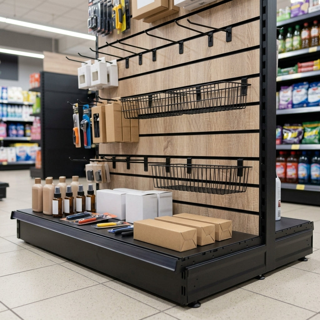 2.1m Wood Effect Wall Bay Display – 570mm Base Shelf (view 2)