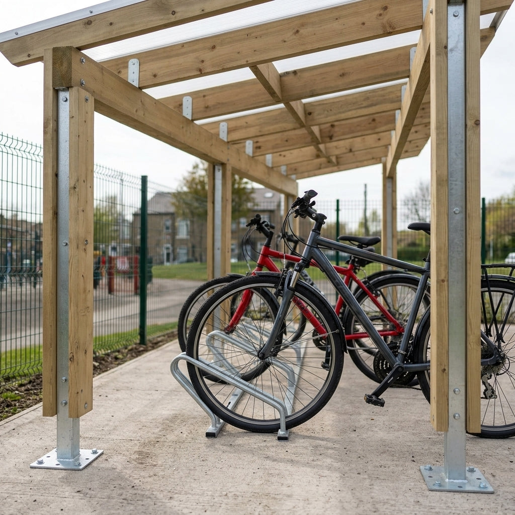 4.15m x 3m timber cycle shelter with polycarbonate roof (view 2)