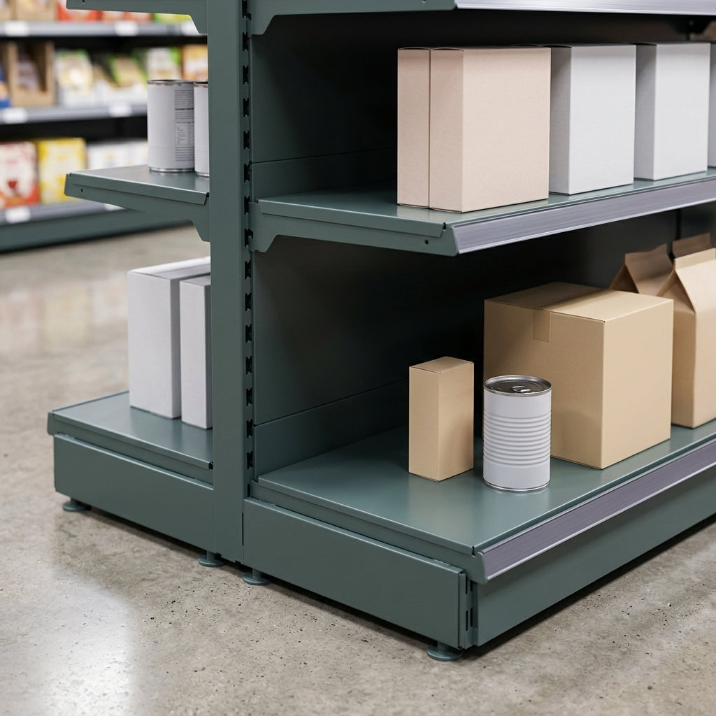 1.8m double-sided gondola bay with 570mm base shelf, 470mm uppers (view 2)