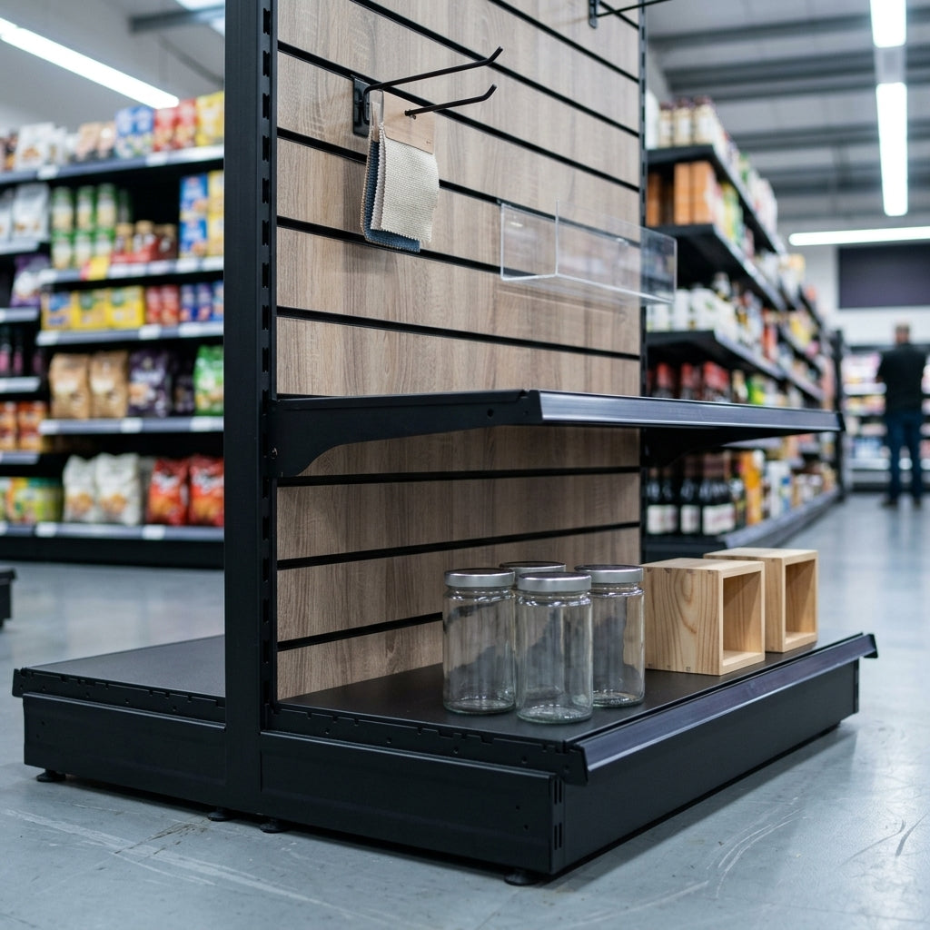 2.4m Wood Effect Double-Sided Gondola Bay, 300mm Base Shelf (view 2)