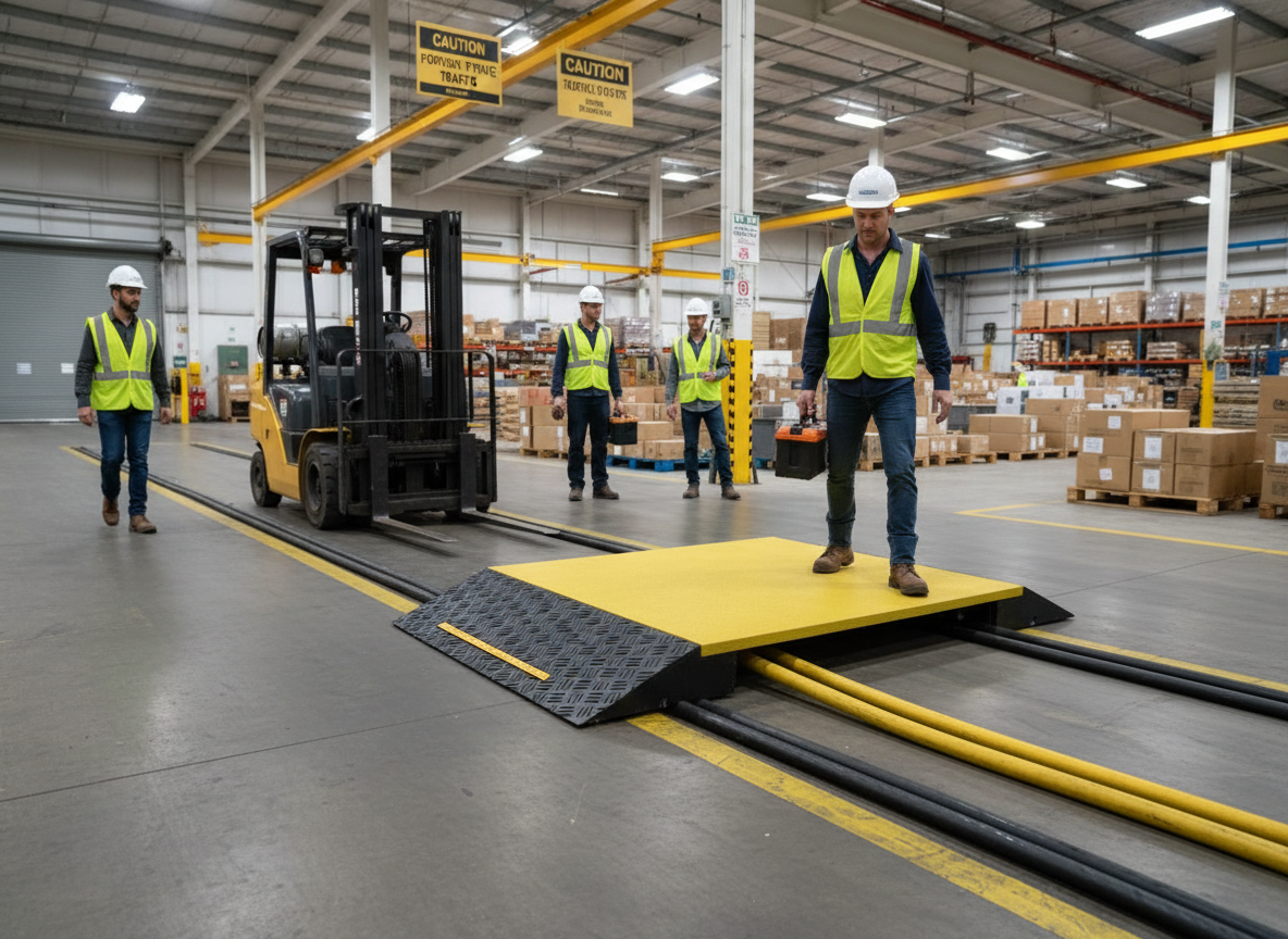 Professional Heavy Duty Polymer Cable Hose Ramp with Non-Slip Wedges and High Visibility Footbridge – 1560 x 880 x 125mm