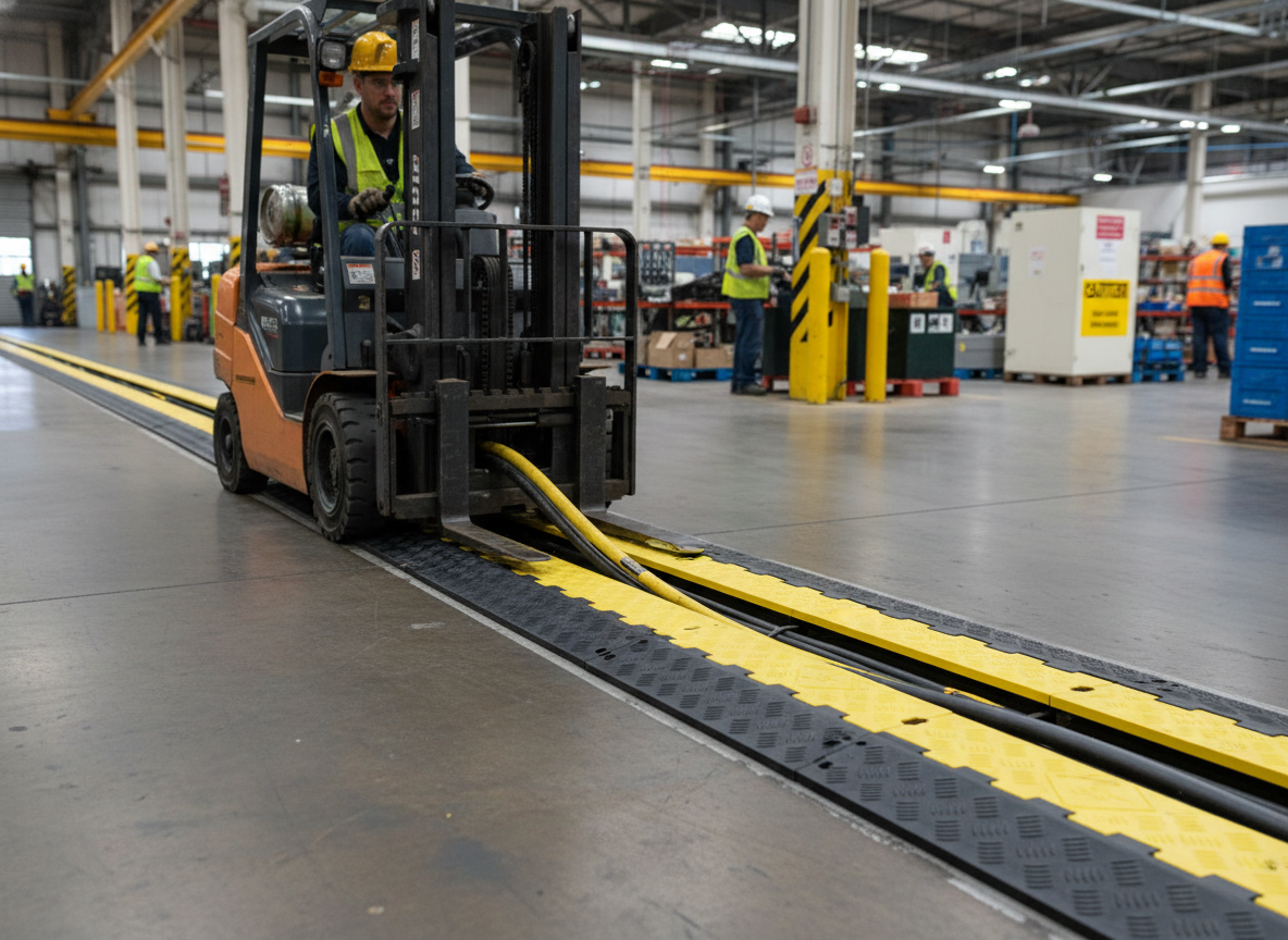 Premium 5-Channel Hose and Cable Protection Ramp with Lid - Heavy Duty, 960 x 590 x 80 mm Dimensions, 12 Tonnes Load Capacity
