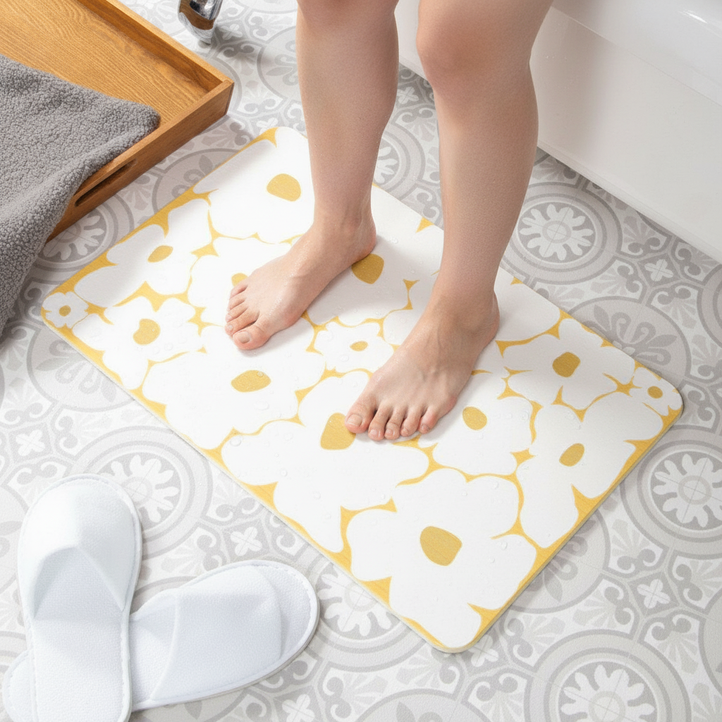 Premium Yellow Flowers Bathmat - Non-Slip Floral Design for Bathroom and Entrance - 39 x 60cm Soft and Absorbent Mat