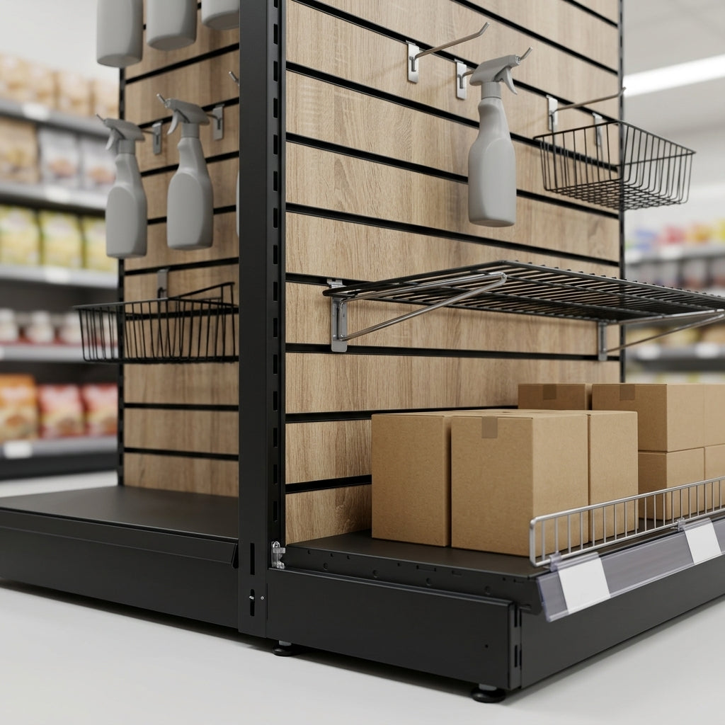 2.4m Wood Effect End Bay Display – 470mm Base Shelf (view 2)