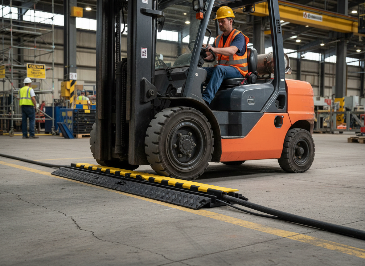 Premium Heavy Duty Hose and Cable Protection Ramp with High Load Capacity, Polyurethane Construction, and Hinged PVC Lid for Safety