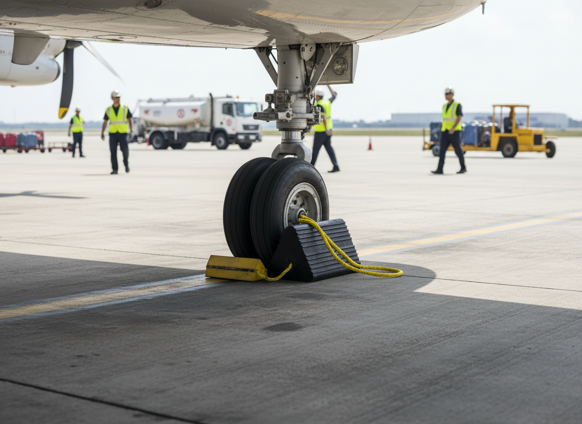 Premium Heavy Duty Rubber Aircraft Wheel Chock 225 x 195 x 333 mm with Yellow Carrying Rope for Safe Use