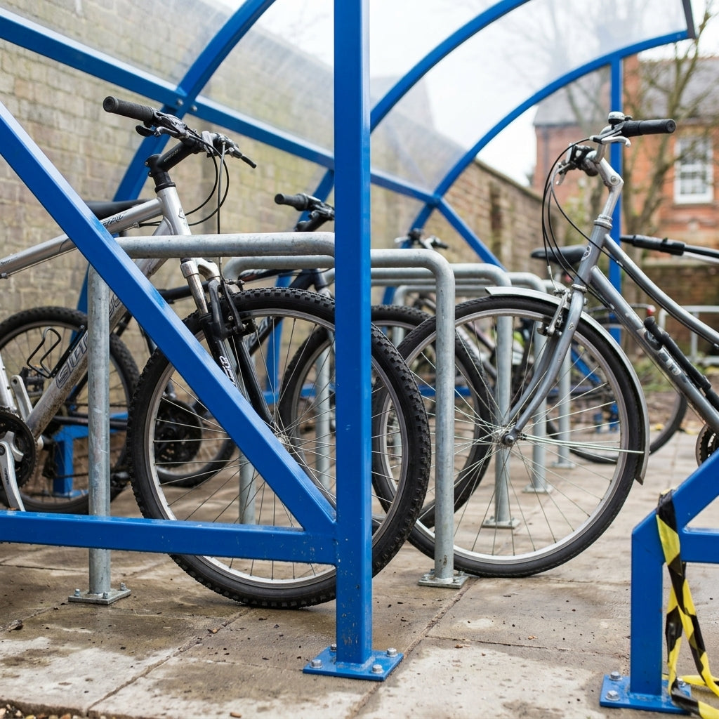 12-space cycle shelter, steel frame, UV2 PetG roof (view 2)