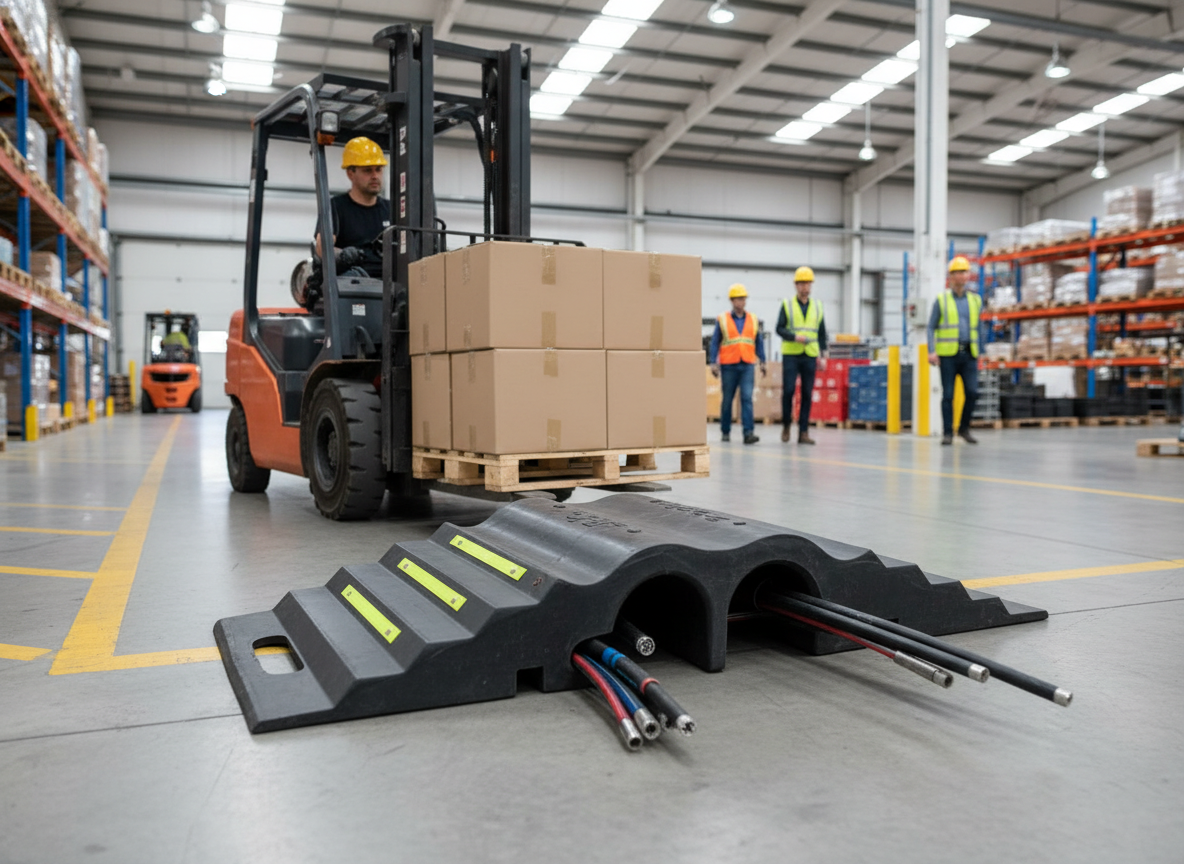 Premium 2-Channel Lidded Cable Ramp for Pedestrian and Vehicle Protection - 850 x 300 x 125 mm, Max Load 44 Tonnes
