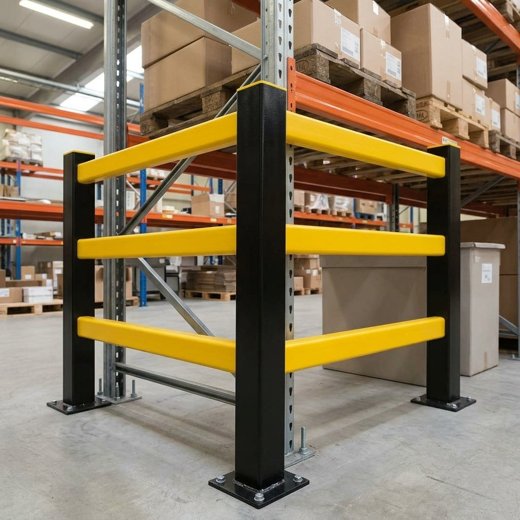 Column protection barrier 1,000mm steel posts with polypropylene rails (view 2)