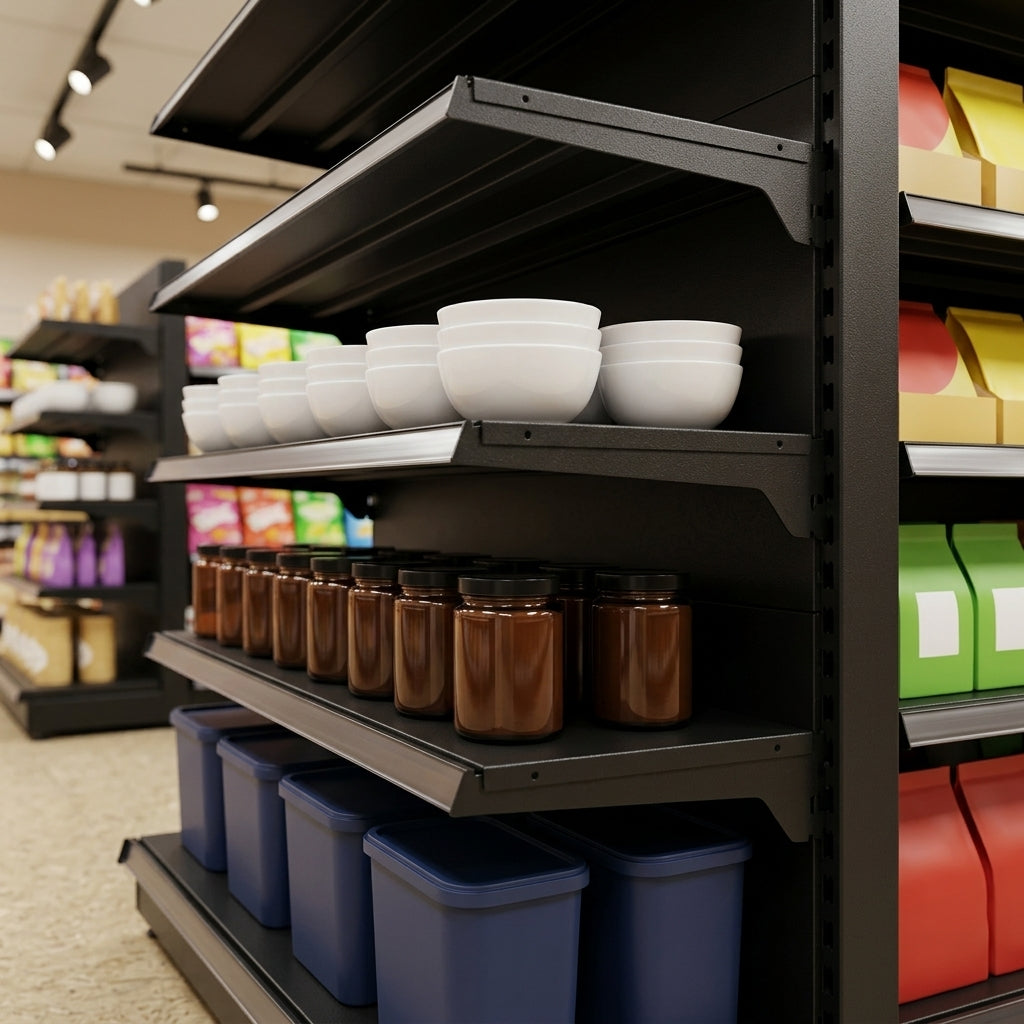 1.8m wall shelving bay, 370mm base, 300mm uppers, 500–1250mm wide (view 2)