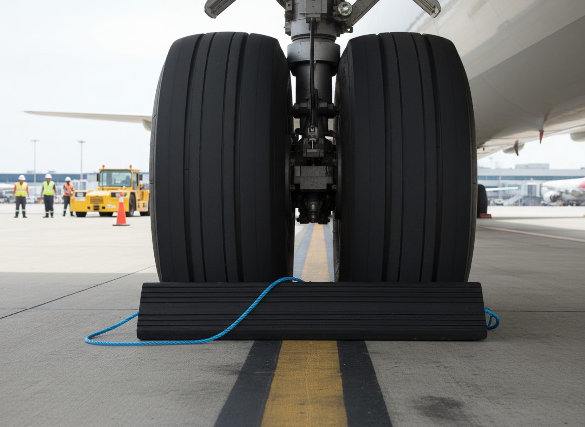 Premium Heavy Duty Rubber Aircraft Wheel Chock with Blue Rope and Optional Chain - Dimensions 170 x 155 x 1000 mm
