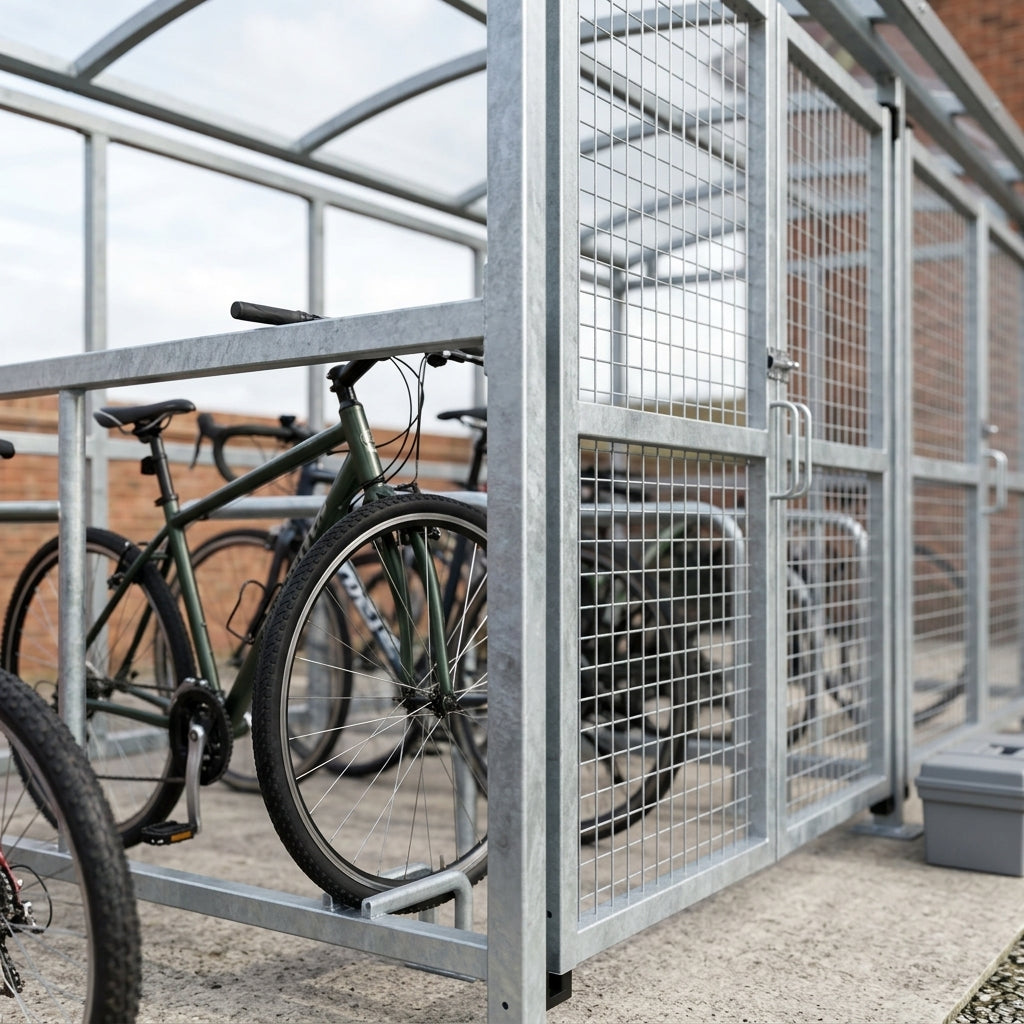 2m wide galvanised steel cycle shelter with mesh gates, 1–5m lengths (view 2)