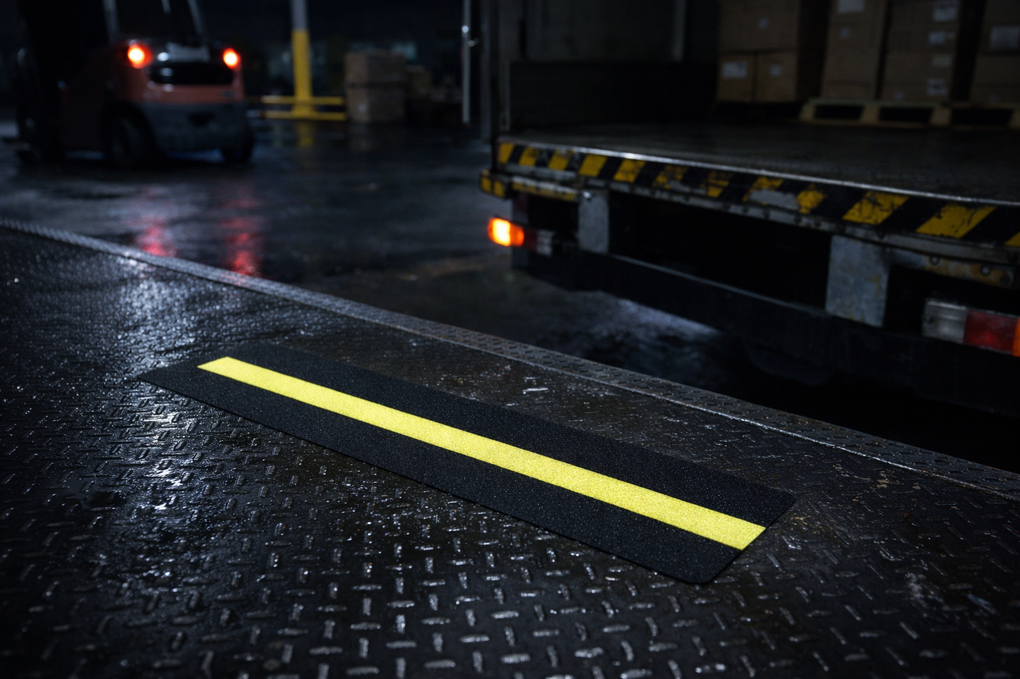 Premium Anti-Slip Pre-Cut Tile Tread with High-Visibility Yellow Stripe, 150mm x 610mm for Enhanced Safety in Low-Light Areas