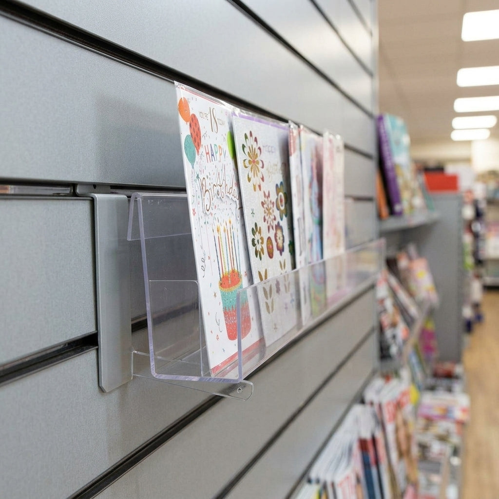 Acrylic Card Shelf 1-Tier for Slatwall – Multiple Widths (view 2)