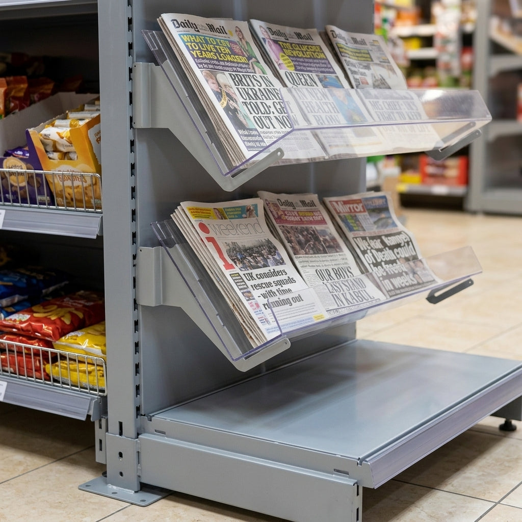 Single-tier acrylic newspaper shelf – 665–1250mm widths (view 2)
