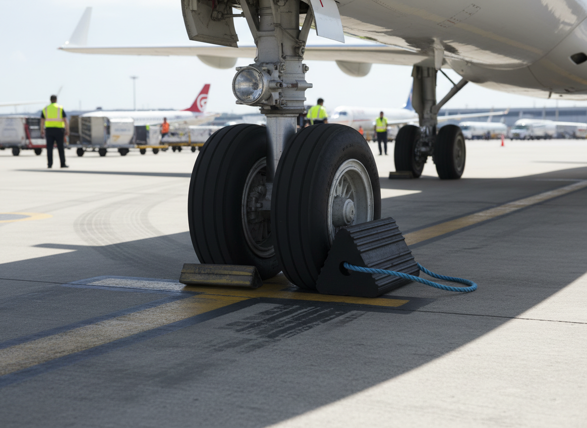 Premium Heavy Duty Rubber Aircraft Wheel Chock with Blue Rope - 170 x 155 x 250 mm Dimensions and 6.5 kg Weight