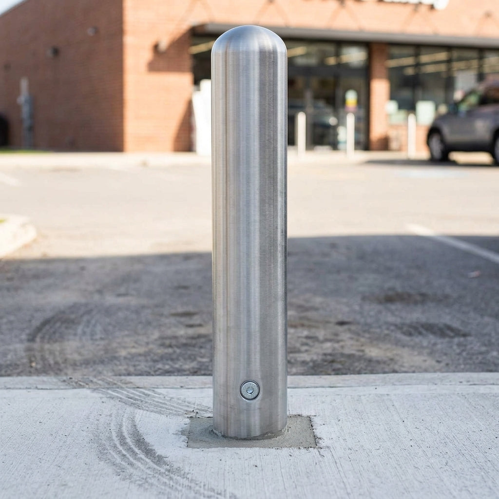 Impact-absorbing protection post with stainless steel finish (view 2)