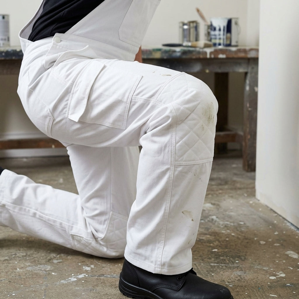 White cotton drill bib and brace overalls with knee pads (view 2)