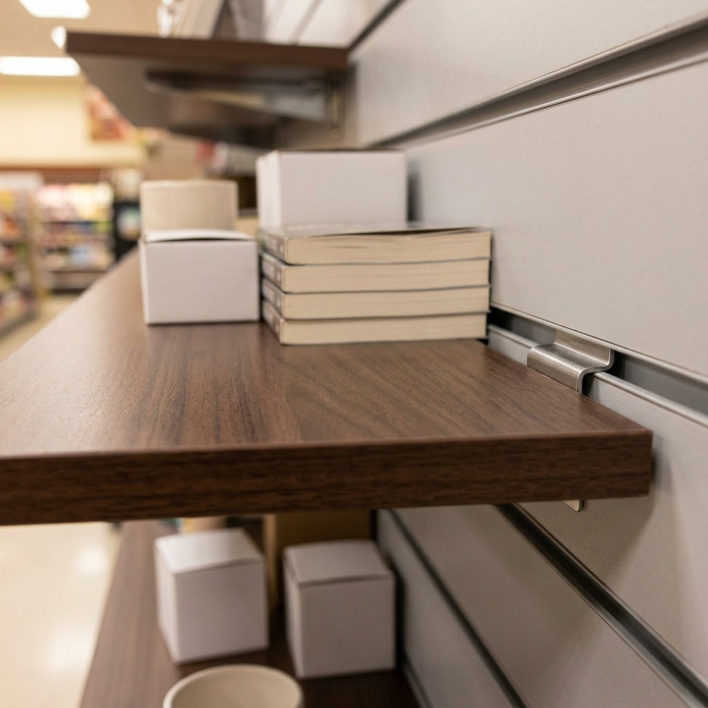 Slatwall Shelves 600–1200mm wide, Melamine MDF with brackets (view 2)