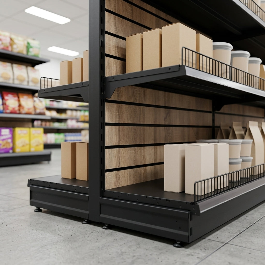 1.4m High Wood Effect Wall Bay Display – 570mm Base Shelf (view 2)