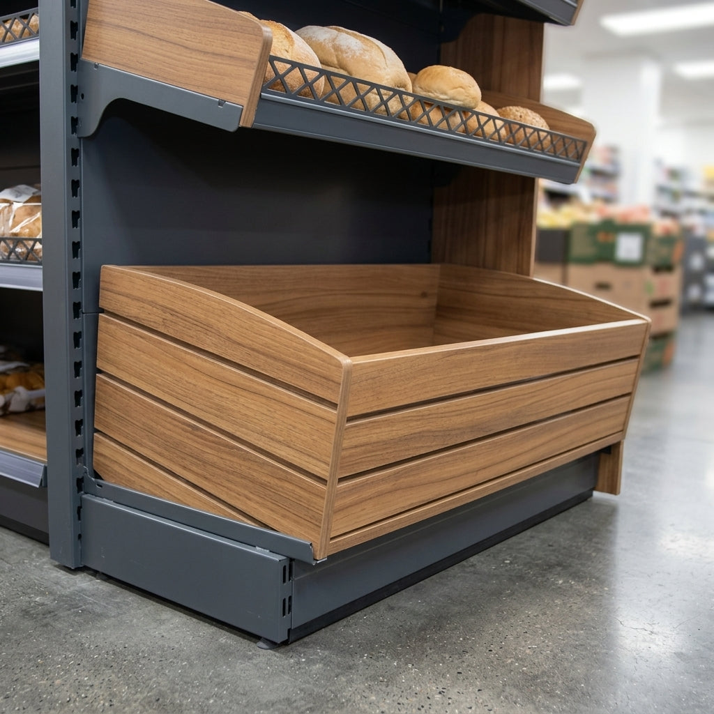 Wooden wall-mounted bakery display shelving – 665–2000mm widths (view 2)