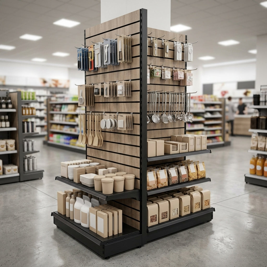 2.1m Wood Effect End Bay Display | 370mm Base Shelf