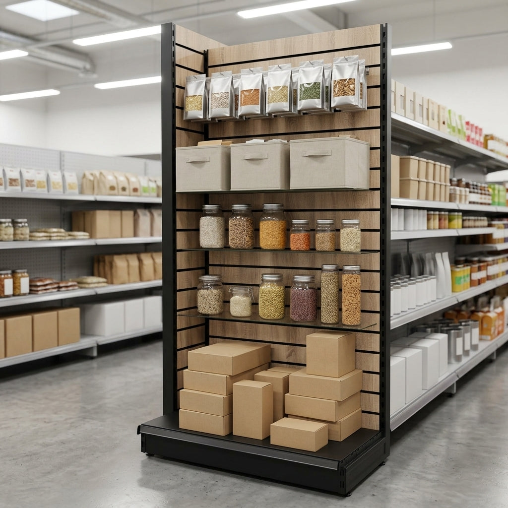 1.4m Wood Effect Wall Bay Display with 300mm Base Shelf