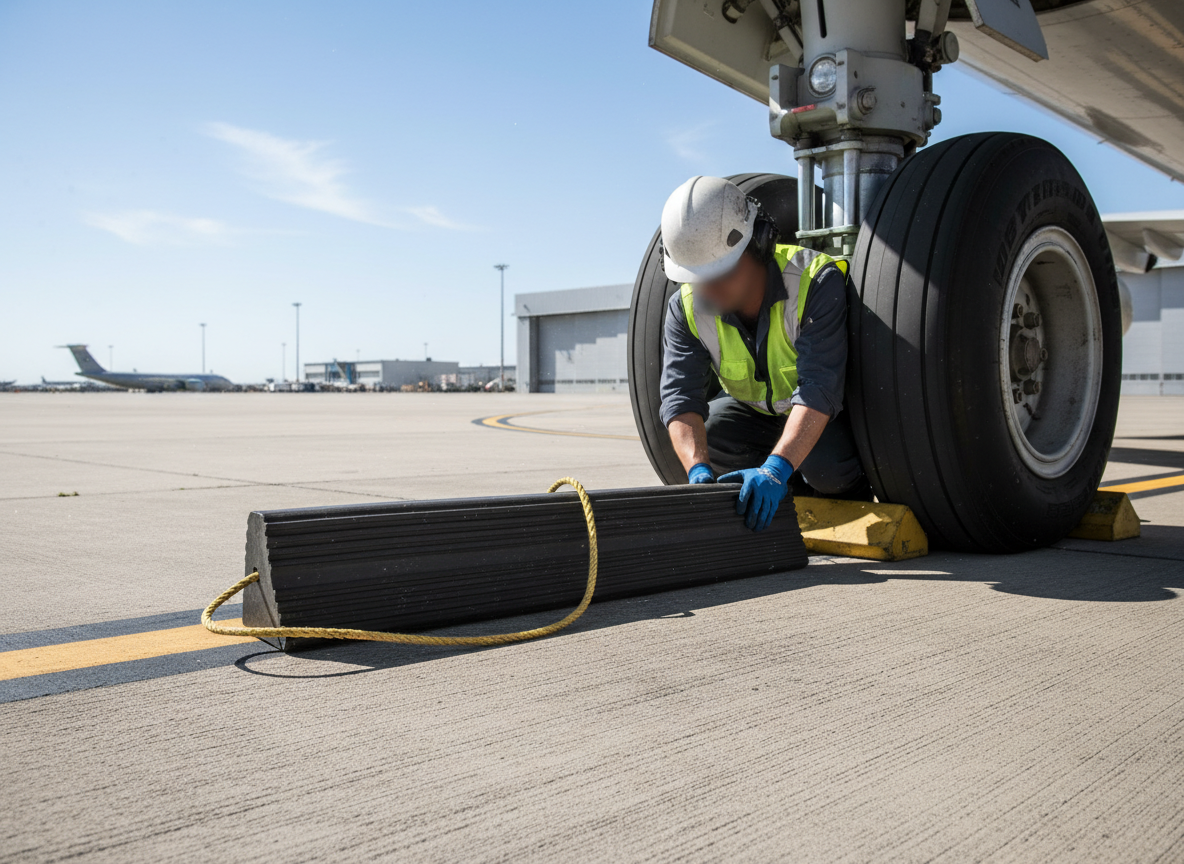 Premium Heavy Duty Aircraft Wheel Chock with Yellow Rope, 225 x 195 x 1000 mm, Ideal for Large Aircraft Safety