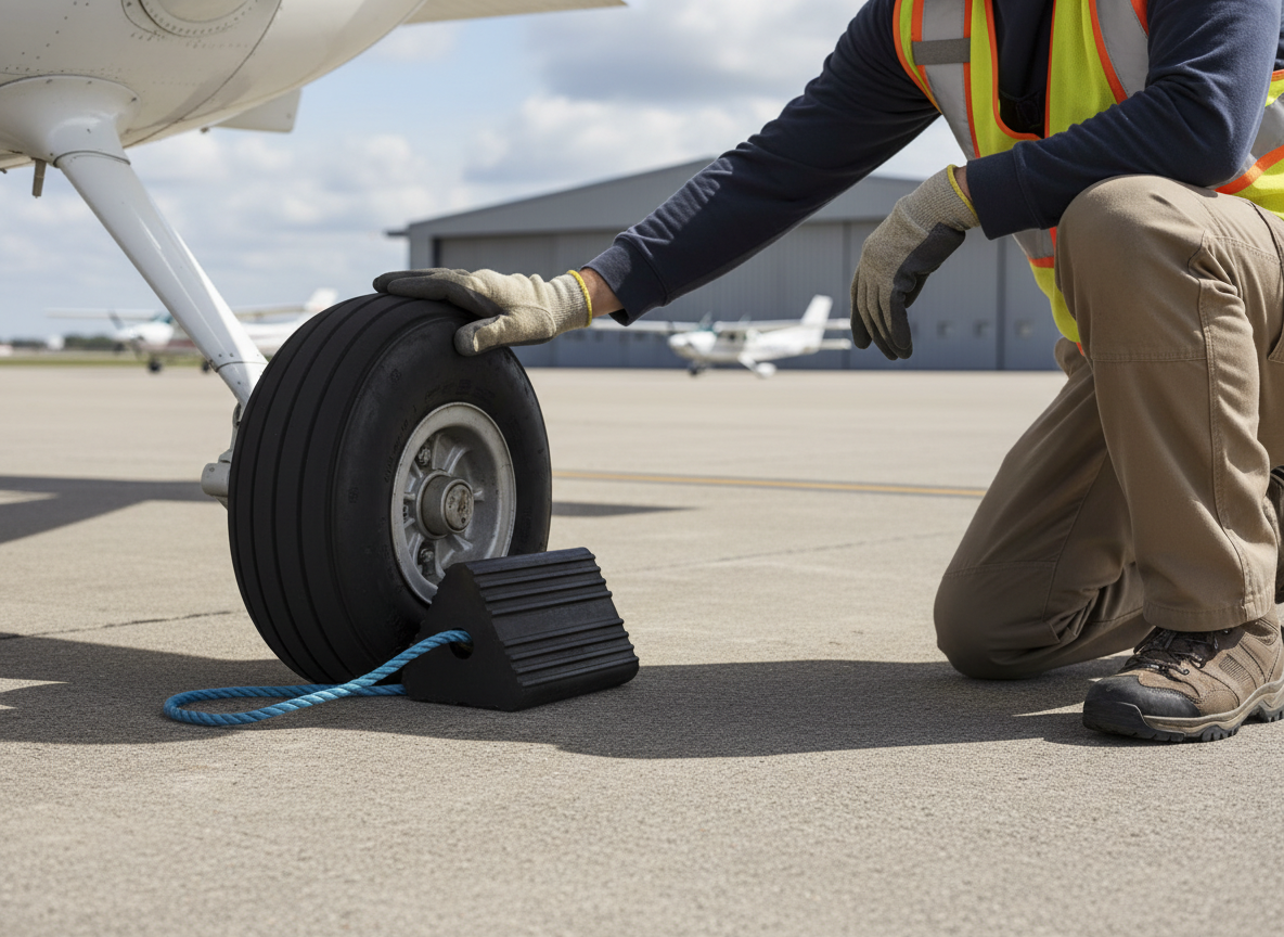 Premium Heavy Duty Rubber Aircraft Wheel Chock with Blue Rope - 170 x 155 x 250 mm Dimensions and 6.5 kg Weight