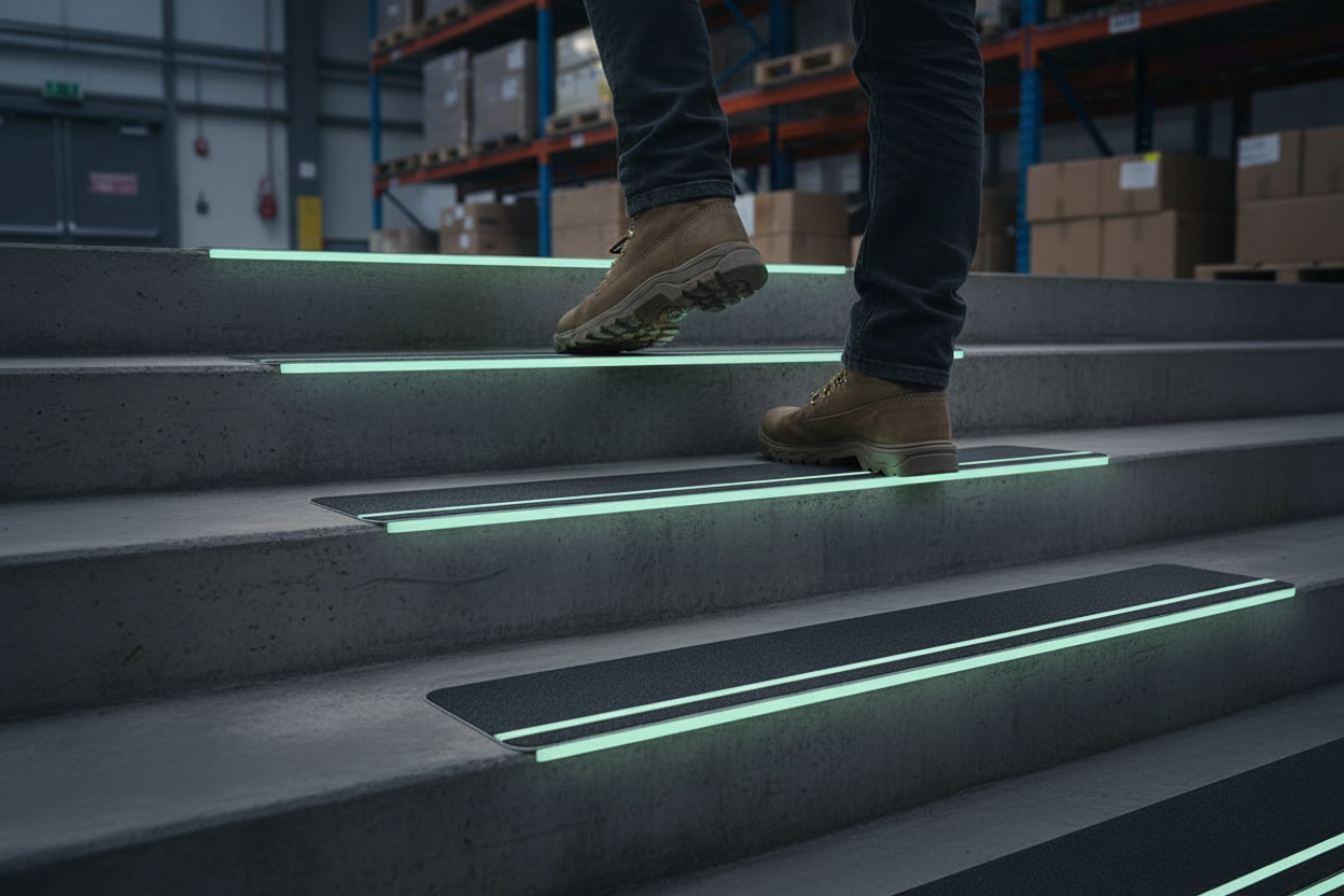 Premium Anti-Slip Pre-Cut Tile Tread with Glow-in-the-Dark Stripe - 150mm x 610mm for Safety in Low-Light Areas