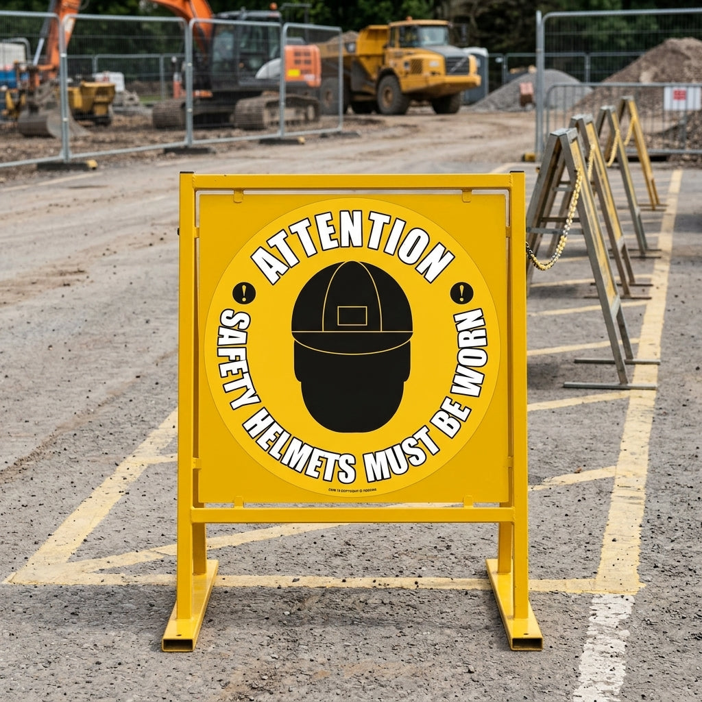 430mm floor safety sign – helmets must be worn