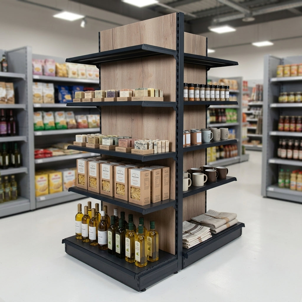1.4m High Wood Effect End Bay Shelving 300mm Base 500–1000mm Wide