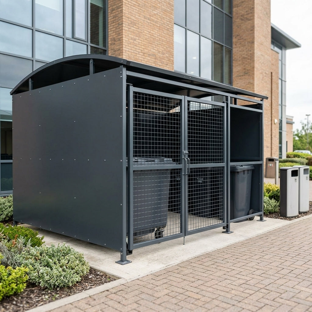 3m wide secure bin store shelter with lockable mesh gates