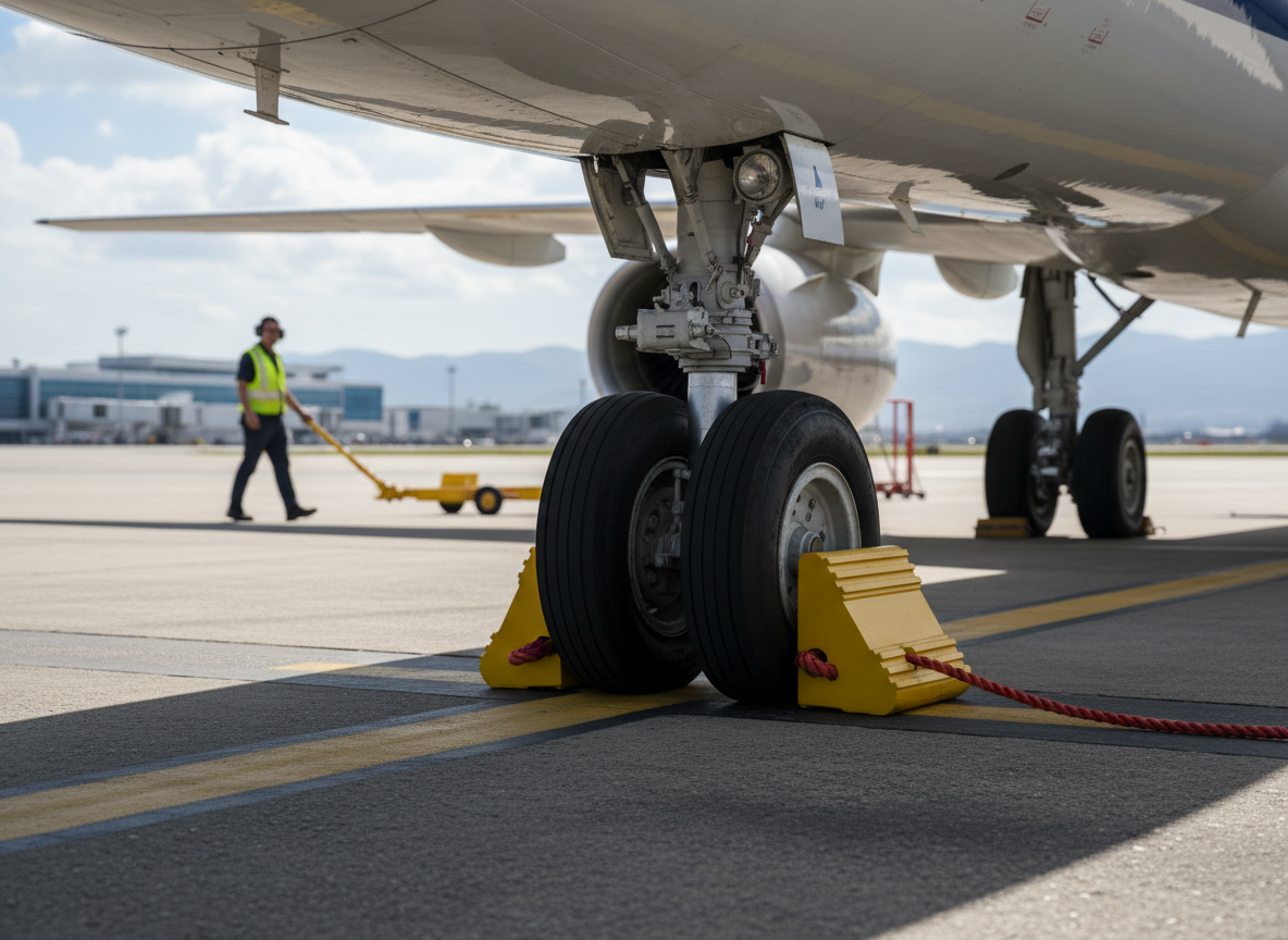Professional Durable Rubber Aircraft Wheel Chock with Reflective Tape and Carrying Rope, Dimensions 175mm x 160mm x 250mm