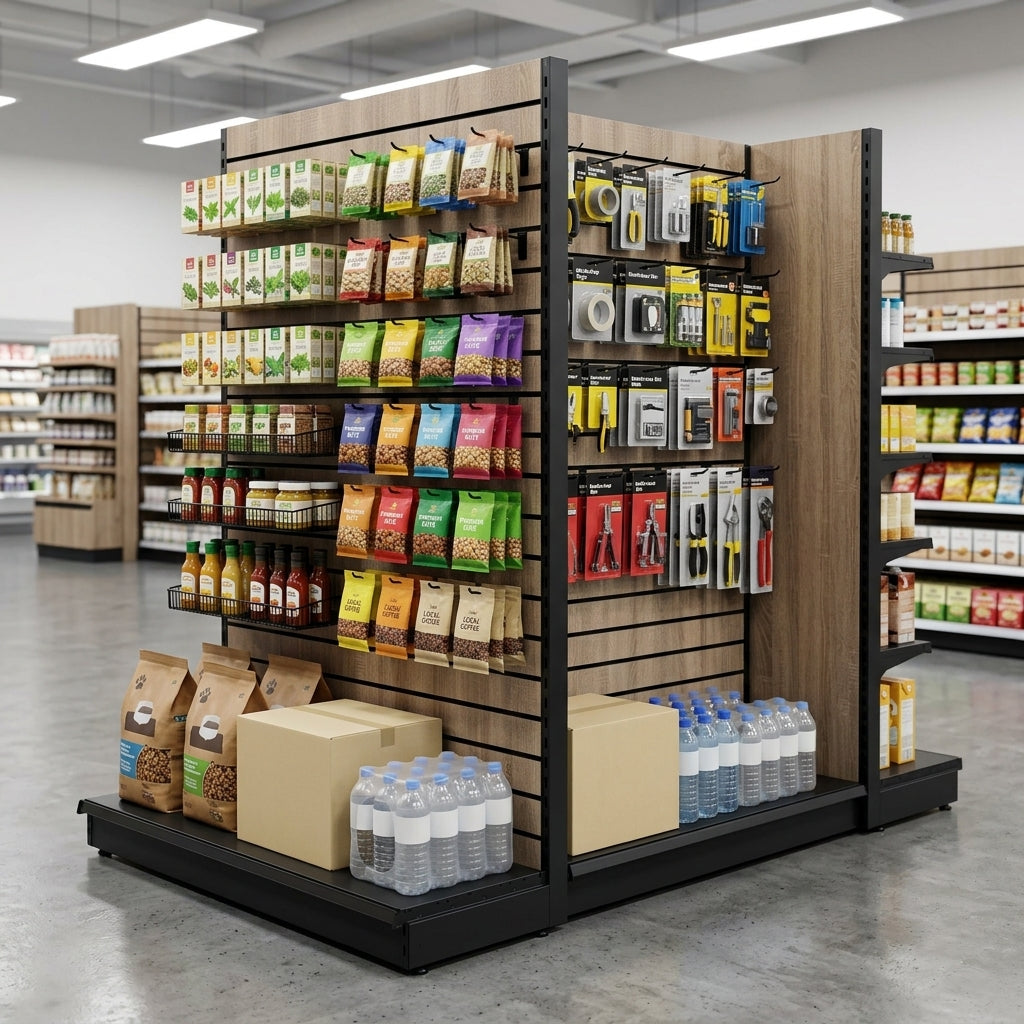 2.4m Wood Effect End Bay Display | 370mm Base Shelf