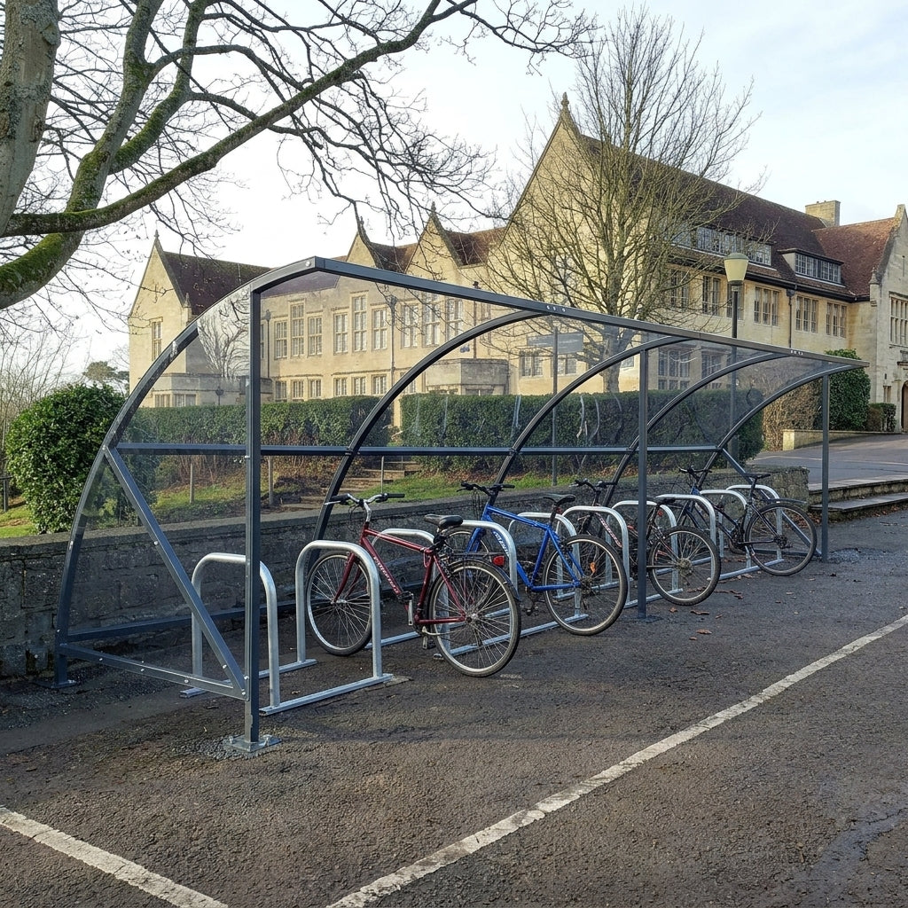 24-space cycle shelter with steel frame and UV2 PetG roof