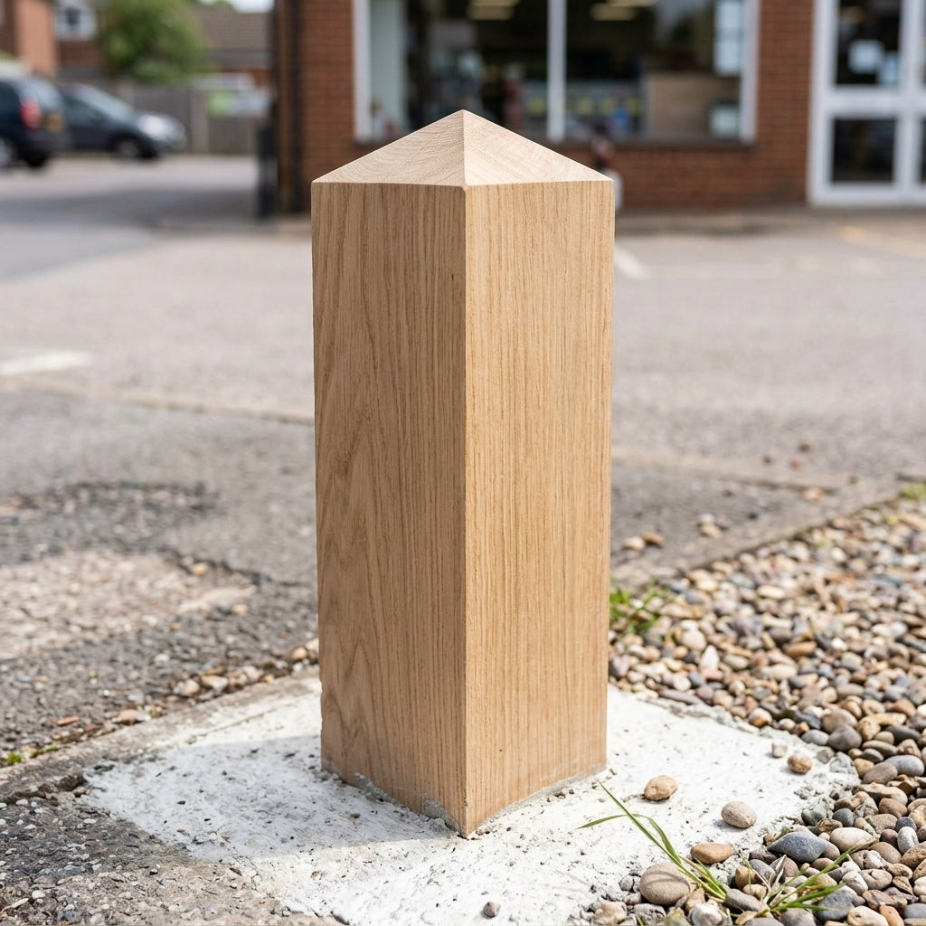 Solid oak timber bollard with half pyramid top (view 2)