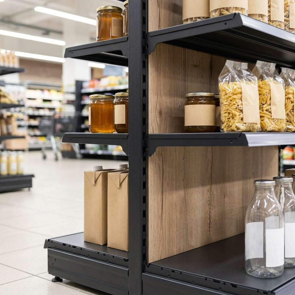2.4m high double-sided wood effect gondola shelving bay (view 2)