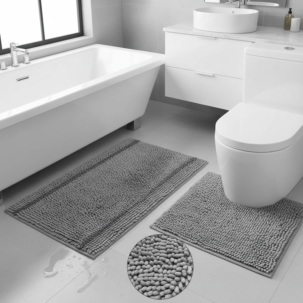 Premium 2-Piece Non-Slip Grey Bathroom Mat Set - Ultra Fluffy, Absorbent Chenille with Washable U-Shape and Rectangular Design