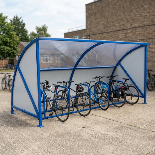 10-space cycle shelter open fronted with racks