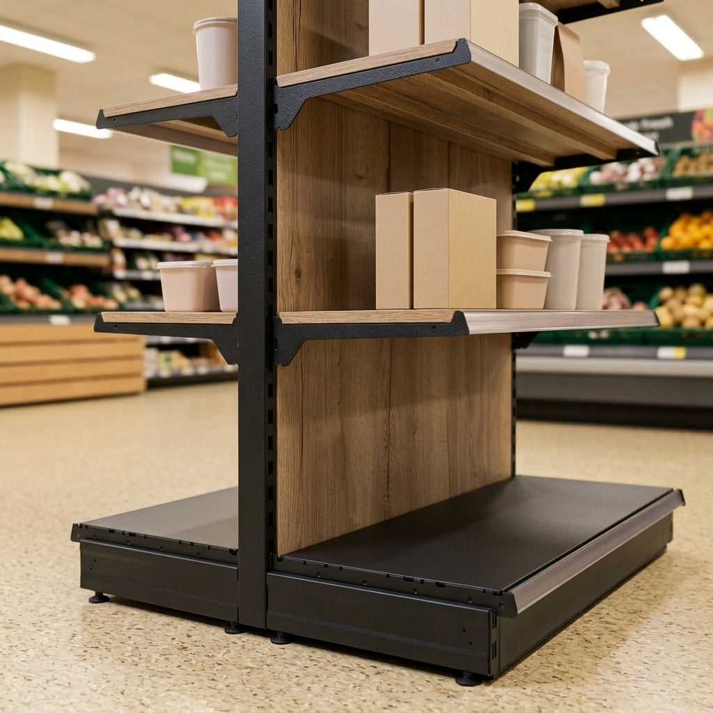 2.1m High Double-Sided Gondola Bay with Wood-Effect Shelving (view 2)