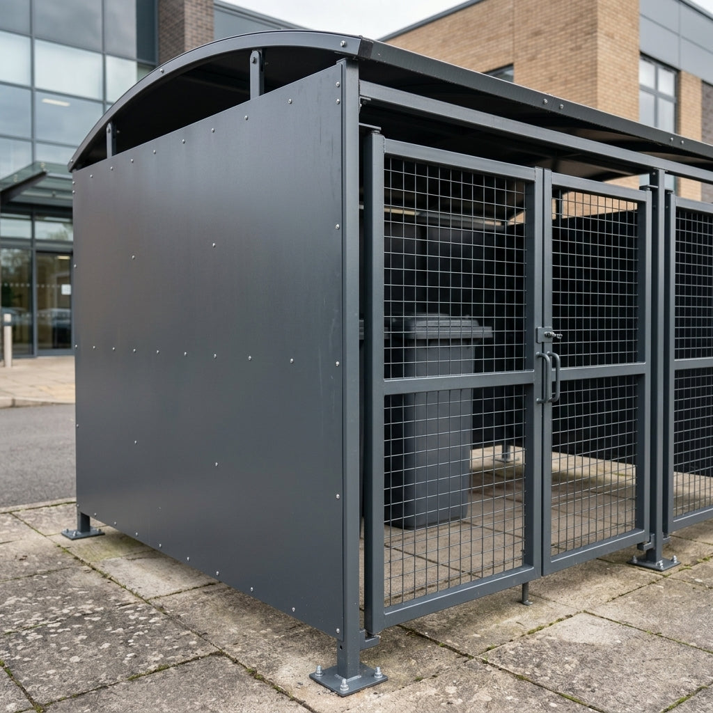 3m wide secure bin store shelter with lockable mesh gates (view 2)