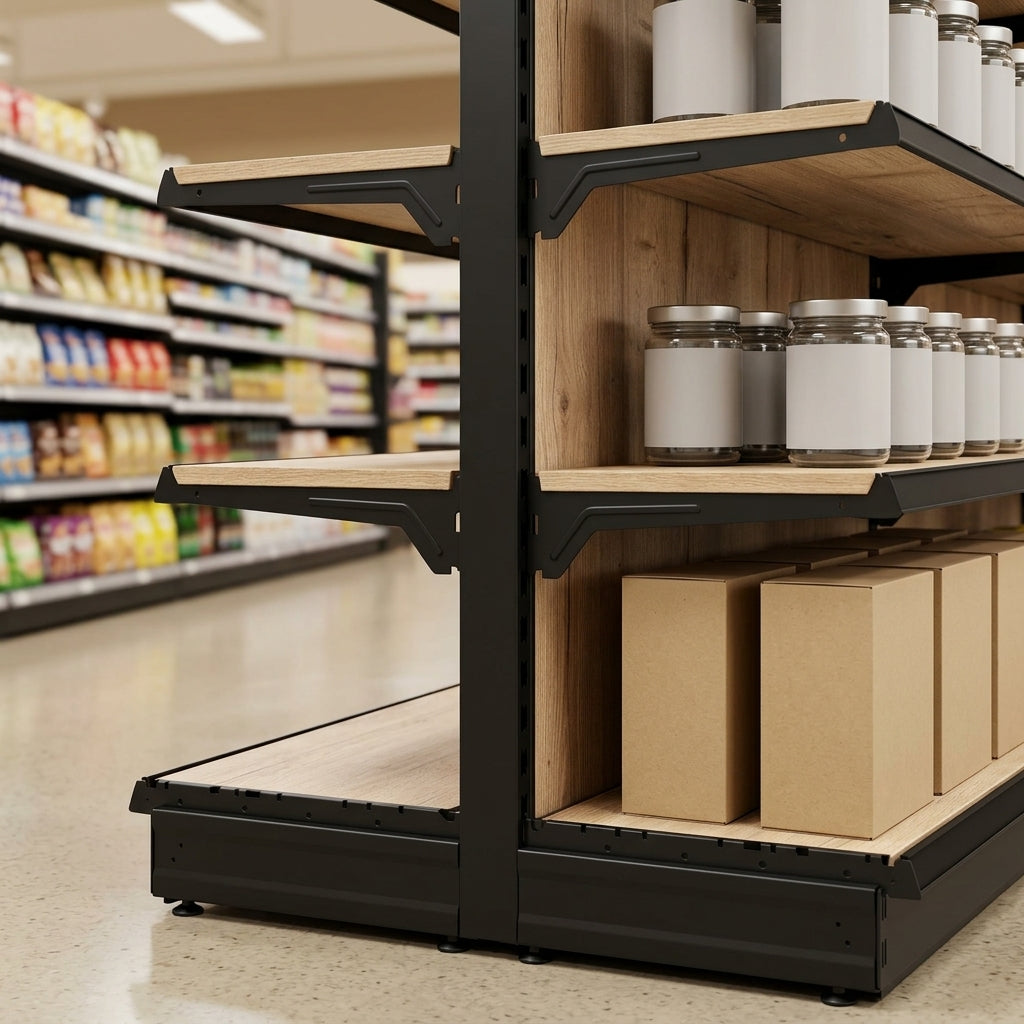 2.4m High Double-Sided Wood Effect Gondola Shelving Bay (view 2)