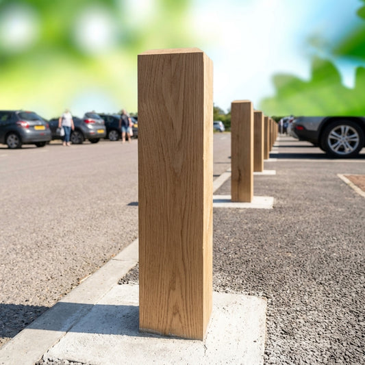 Solid oak timber bollard, flat top, 100–250mm × 900–1500mm