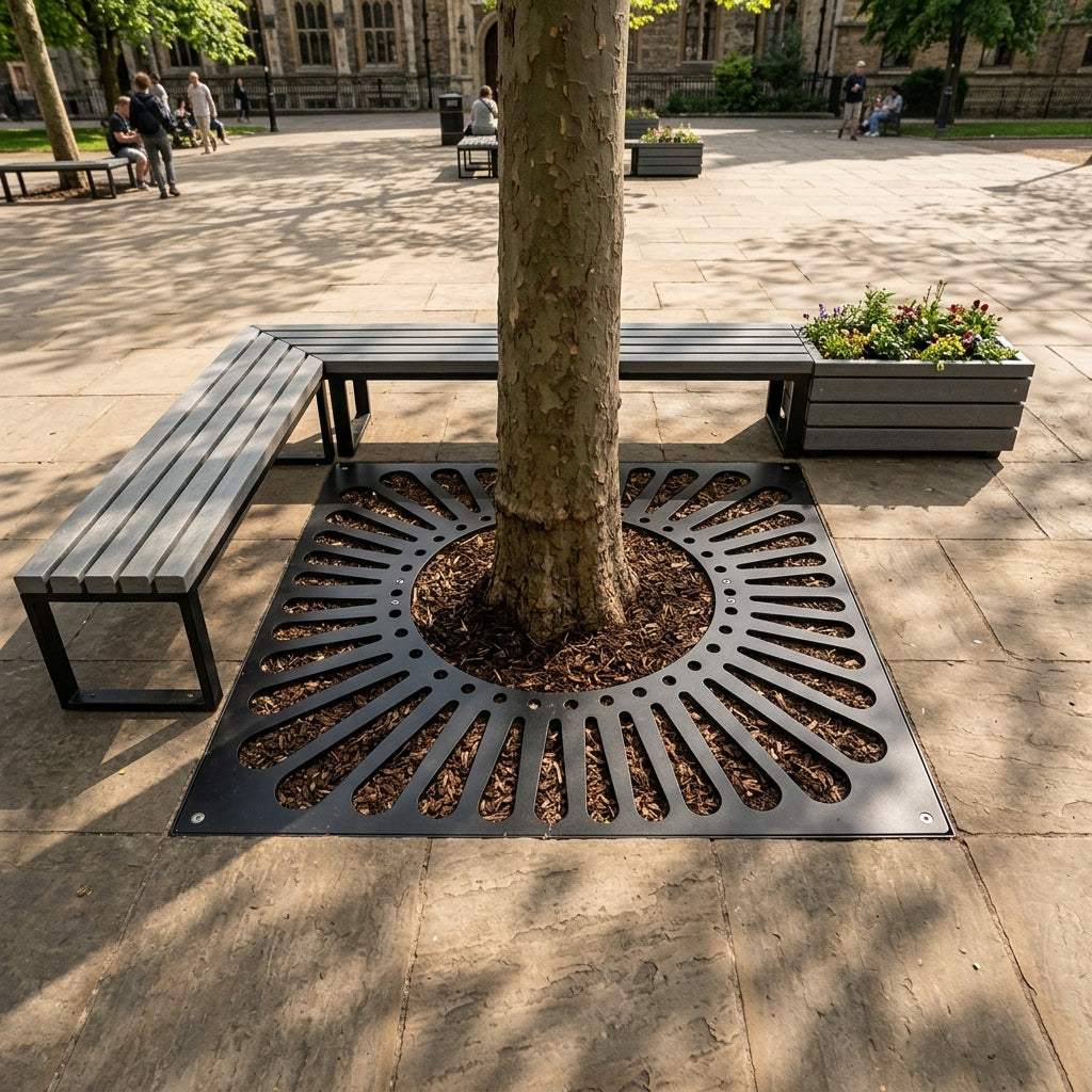 900–1200mm Square Tree Grille Sunburst Steel Black