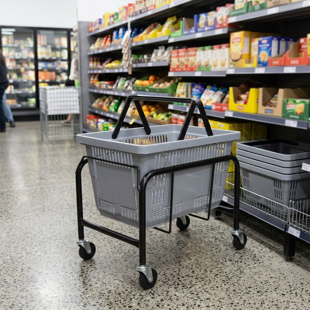 Mobile shopping basket stacker for 20–26 litre baskets