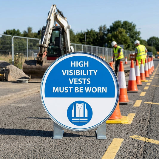 430mm floor sign, high-visibility vests must be worn, blue/white