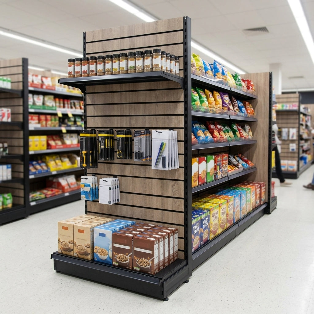 2.4m Wood Effect Double-Sided Gondola Bay, 300mm Base Shelf