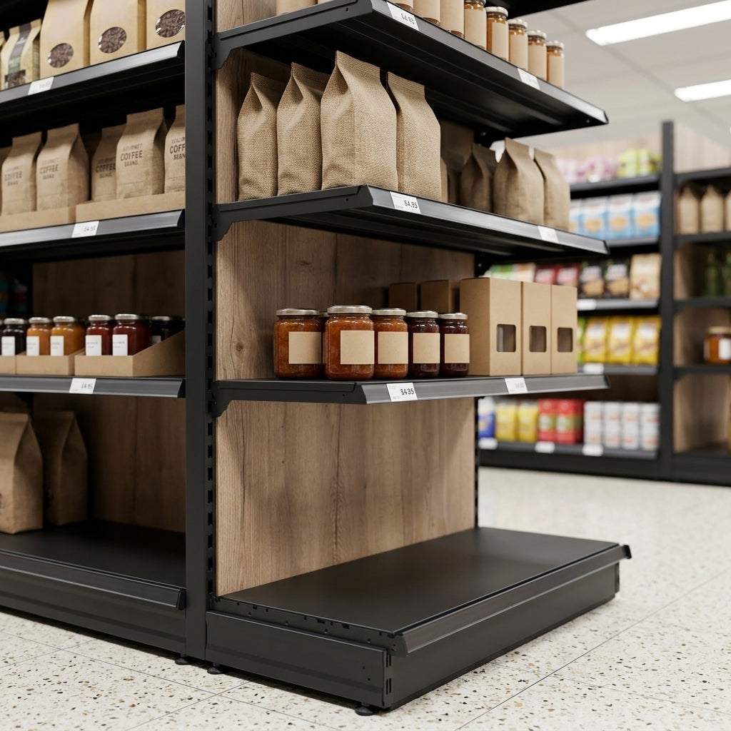 2.1m High Wood Effect Gondola Shelving Bay, 300mm Base Shelf (view 2)
