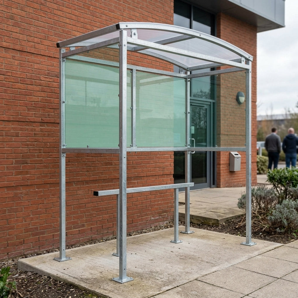 2m wide galvanised steel open-front smoking shelter with clear panels